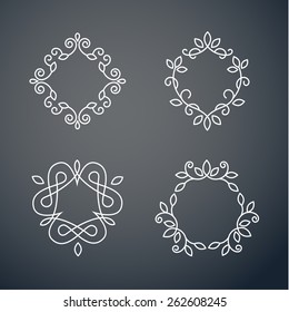 Set of outline monogram frames. Elegant lineart logo design, vector illustration