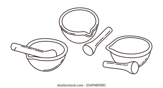 Set of outline mortar and pestle. Concept of medical, chemical ware. Porcelain bowl for grinding ingredients.