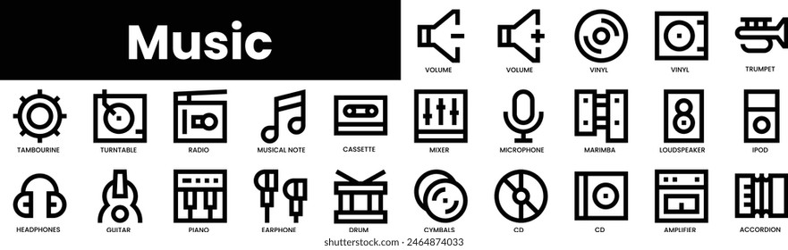 Set of outline music icons. Minimalist thin linear web icon set. vector illustration.