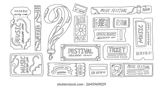 Set of outline music tickets and gig, hand drawn concert ticket, event pass illustrations, sketch style elements for live music flyers, posters, stickers, scrapbooking, and merch design