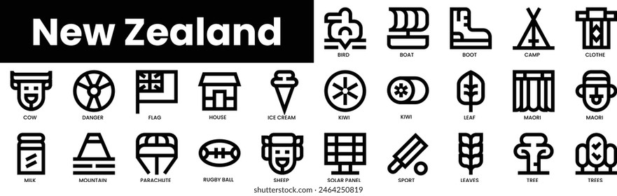 Set of outline new zealand icons. Minimalist thin linear web icon set. vector illustration.