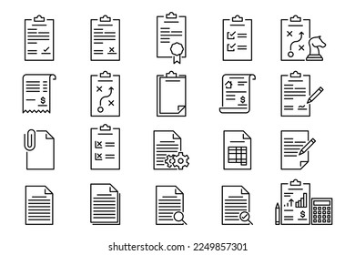 Set of outline notepads and clipboards vector icons. Documents, paperwork and office work illustration