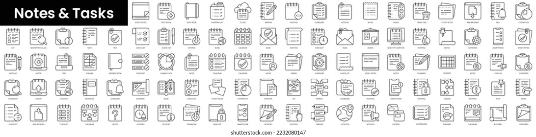Set of outline notes and tasks icons. Minimalist thin linear web icon set. vector illustration.