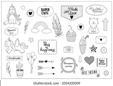 Set of outline objects - unicorn, cupcake, ice cream, rainbow etc. with hand written phrases. Ideal for scrapbooking, kids rooms decoration, bullet journals.