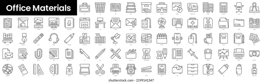 Conjunto de iconos de materiales de oficina de esquema. Conjunto de iconos web lineales delgados y minimalistas. ilustración vectorial.