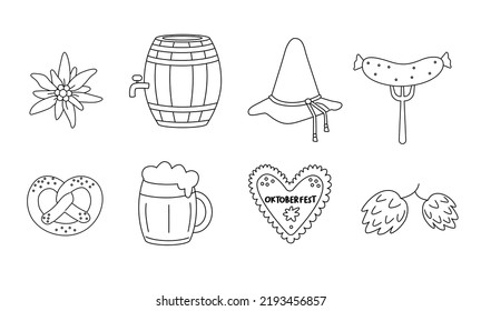 Set Of Outline Oktoberfest Elements. Beer Mugs, Sausages, Pretzels, Barrel. And Hop Isolated On White Background. Bavarian Culture Elements.