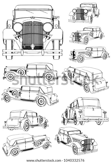 Set Outline Old Cars Vector Stock-vektor (royaltyfri) 1040332576