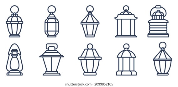 Set of outline old fashioned flashlight. Kerosene lamp and candle for lighting streets, houses. Decor for festival, birthday, wedding. Flat vector illustration. Objects isolated on white background.