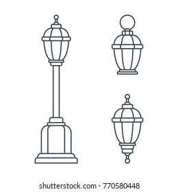 Set of outline old fashioned flashlight. Kerosene lamp or candle for lighting streets, houses. Decor for festival, birthday, wedding. Flat vector illustration. Objects isolated on white background.