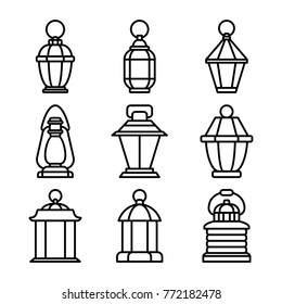 Set of outline old fashioned flashlight. Kerosene lamp or candle for lighting streets, houses. Decor for festival, birthday, wedding. Flat vector illustration. Objects isolated on white background.