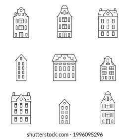 Set of outline old historical buildings. Simple seamless pattern with european holland houses. Vector illustration in flat style