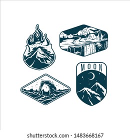 Set of outline outdoor adventure and traveling gear badge logo, emblem logo, label design, vector illustration, editable vector graphic for t shirt and other uses