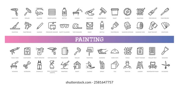 Set of outline painting decorating icons.