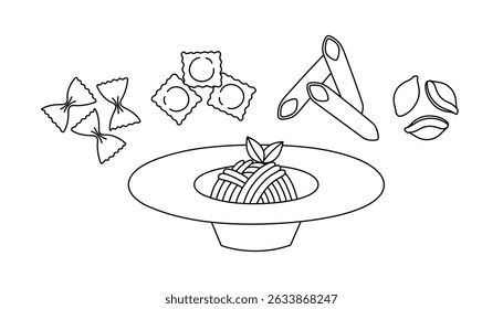 Set of outline pasta, spaghetti, shells, butterflies. Doodle drawing for banner, flyer, card, menu design. Isolated vector illustration