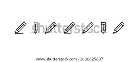 Set of outline pencil icons: horizontal, vertical, slanted designs on white background.