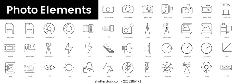 Set of outline photo elements icons. Minimalist thin linear web icon set. vector illustration.