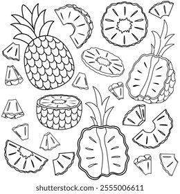 Set of outline pineapple fruit. Whole pineapples, halved fruits, slices, and segments, sections and pieces