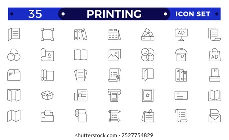 Conjunto de ícones de impressão da estrutura de tópicos. Folheto, cartão de visita, folheto, revista, cartão postal, cartaz, banner, rollup, adesivo, caneca, pasta, outros produtos da loja de impressão. Material publicitário impresso promocional.
