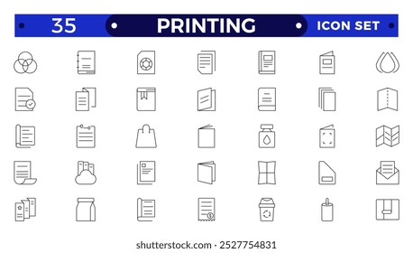 Conjunto de ícones de impressão da estrutura de tópicos. Folheto, cartão de visita, folheto, revista, cartão postal, cartaz, banner, rollup, adesivo, caneca, pasta, outros produtos da loja de impressão. Material publicitário impresso promocional.
