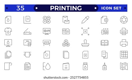 Conjunto de ícones de impressão da estrutura de tópicos. Folheto, cartão de visita, folheto, revista, cartão postal, cartaz, banner, rollup, adesivo, caneca, pasta, outros produtos da loja de impressão. Material publicitário impresso promocional.
