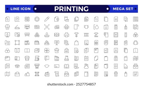 Conjunto de ícones de impressão da estrutura de tópicos. Folheto, cartão de visita, folheto, revista, cartão postal, cartaz, banner, rollup, adesivo, caneca, pasta, outros produtos da loja de impressão. Material publicitário impresso promocional.
