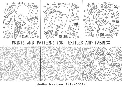  Establecer. Impresiones de esquema y patrones para ropa y tela. Helados y dulces. Dibujo de moda de estilo moderno para ropa. Dibujo para los niños de ropa, textiles y tejidos o embalajes.