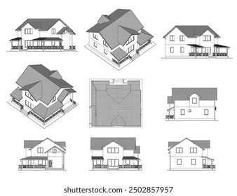 Set with outline of private house in different positions from black lines isolated on white background. Vector illustration. 3D.