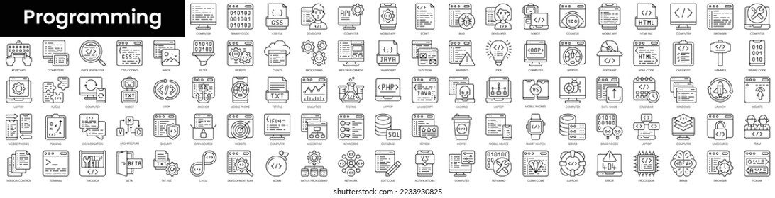 Set of outline programming icons. Minimalist thin linear web icon set. vector illustration.