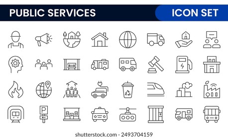 Set of outline Public Services icons. Minimalist thin linear web icon set. Line icons related to public utilities. Gas, electricity, water, heating.