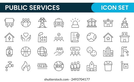 Gruppe von Gliederungssymbolen für öffentliche Dienste. Minimalistisches, dünnes lineares Web-Symbol. Liniensymbole im Zusammenhang mit öffentlichen Versorgungsunternehmen. Gas, Strom, Wasser, Heizung.