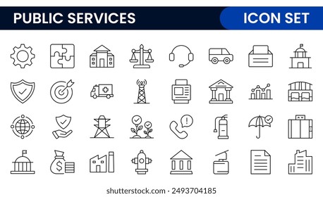 Set of outline Public Services icons. Minimalist thin linear web icon set. Line icons related to public utilities. Gas, electricity, water, heating.