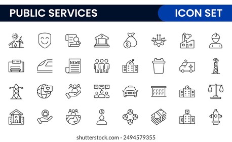 Set of outline Public Services icons. Minimalist thin linear web icon set. Line icons related to public utilities. Gas, electricity, water, heating.