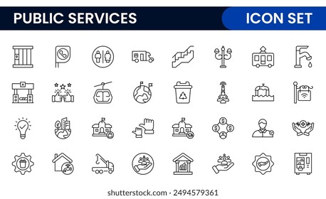 Set of outline Public Services icons. Minimalist thin linear web icon set. Line icons related to public utilities. Gas, electricity, water, heating.