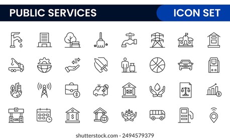 Gruppe von Gliederungssymbolen für öffentliche Dienste. Minimalistisches, dünnes lineares Web-Symbol. Liniensymbole im Zusammenhang mit öffentlichen Versorgungsunternehmen. Gas, Strom, Wasser, Heizung.