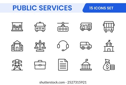 Conjunto de ícones de Serviços Públicos de estrutura de tópicos. Conjunto de ícones da Web linear fino minimalista. Ícones de linha relacionados a serviços públicos. Gás, eletricidade, água, aquecimento.