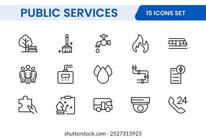 Set of outline Public Services icons. Minimalist thin linear web icon set. Line icons related to public utilities. Gas, electricity, water, heating.