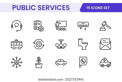 Set of outline Public Services icons. Minimalist thin linear web icon set. Line icons related to public utilities. Gas, electricity, water, heating.