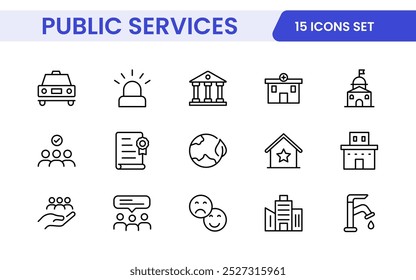Set of outline Public Services icons. Minimalist thin linear web icon set. Line icons related to public utilities. Gas, electricity, water, heating.