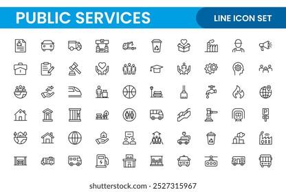 Set of outline Public Services icons. Minimalist thin linear web icon set. Line icons related to public utilities. Gas, electricity, water, heating.