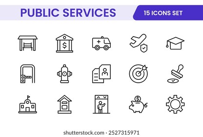 Set of outline Public Services icons. Minimalist thin linear web icon set. Line icons related to public utilities. Gas, electricity, water, heating.