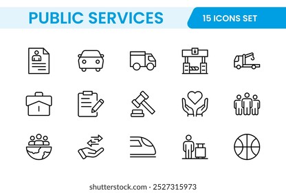 Set of outline Public Services icons. Minimalist thin linear web icon set. Line icons related to public utilities. Gas, electricity, water, heating.