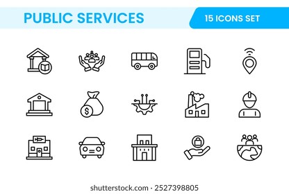 Set of outline Public Services icons. Minimalist thin linear web icon set. Line icons related to public utilities. Gas, electricity, water, heating.