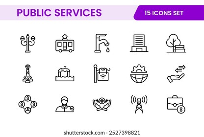 Set of outline Public Services icons. Minimalist thin linear web icon set. Line icons related to public utilities. Gas, electricity, water, heating.