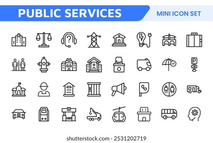Conjunto de ícones de Serviços Públicos de estrutura de tópicos. Conjunto de ícones da Web linear fino minimalista. Ícones de linha relacionados a serviços públicos. Gás, eletricidade, água, aquecimento.