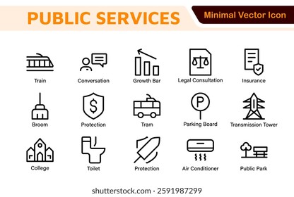 Set of outline Public Services icons. Minimalist thin linear web icon set. Line icons related to public utilities. Gas, electricity, water, heating.