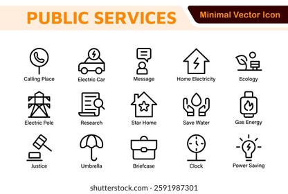 Set of outline Public Services icons. Minimalist thin linear web icon set. Line icons related to public utilities. Gas, electricity, water, heating.