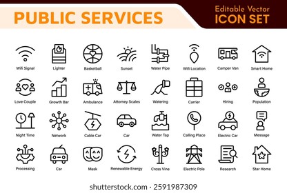 Set of outline Public Services icons. Minimalist thin linear web icon set. Line icons related to public utilities. Gas, electricity, water, heating.