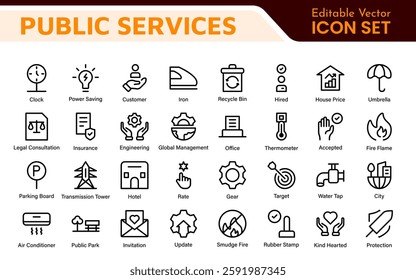 Set of outline Public Services icons. Minimalist thin linear web icon set. Line icons related to public utilities. Gas, electricity, water, heating.
