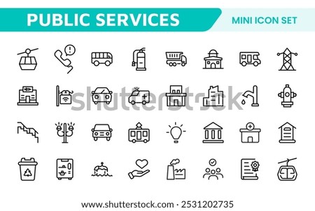 Set of outline Public Services icons. Minimalist thin linear web icon set. Line icons related to public utilities. Gas, electricity, water, heating.