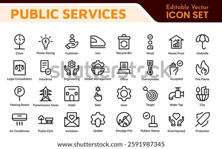 Set of outline Public Services icons. Minimalist thin linear web icon set. Line icons related to public utilities. Gas, electricity, water, heating.